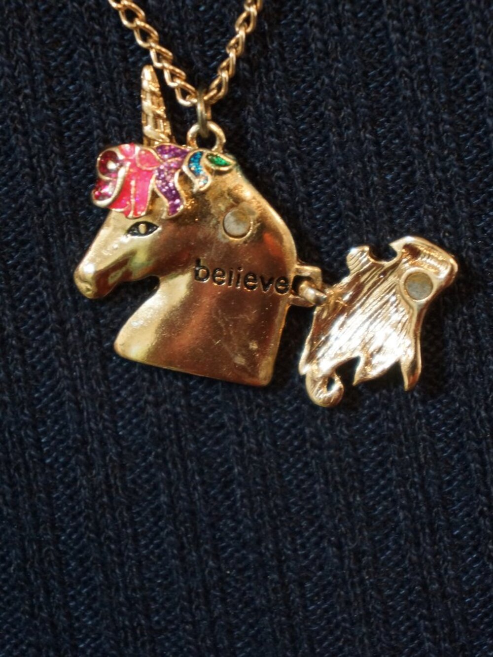 Betsey Johnson Rainbow Unicorn Hidden "Believe" Locket Necklace Gold Tone - Picture 3 of 6